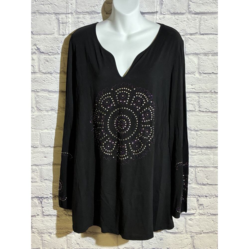 INC Black Rhinestone Mandala Tunic Top – Women’s XL – Boho Sparkle Shirt